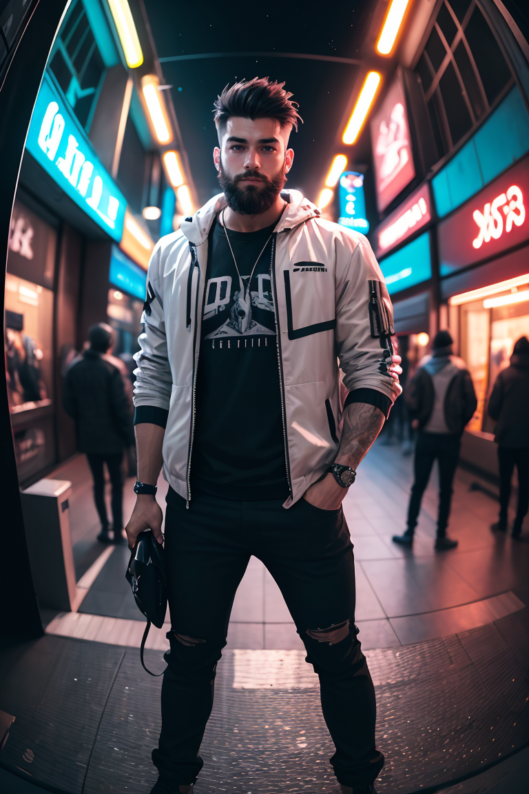 400064-2009112032-(masterpiece, best quality), 1boy, muscular, beard, cyberpunk, (blurry, bokeh, fisheye lens), night, looking at viewer, contrast.png